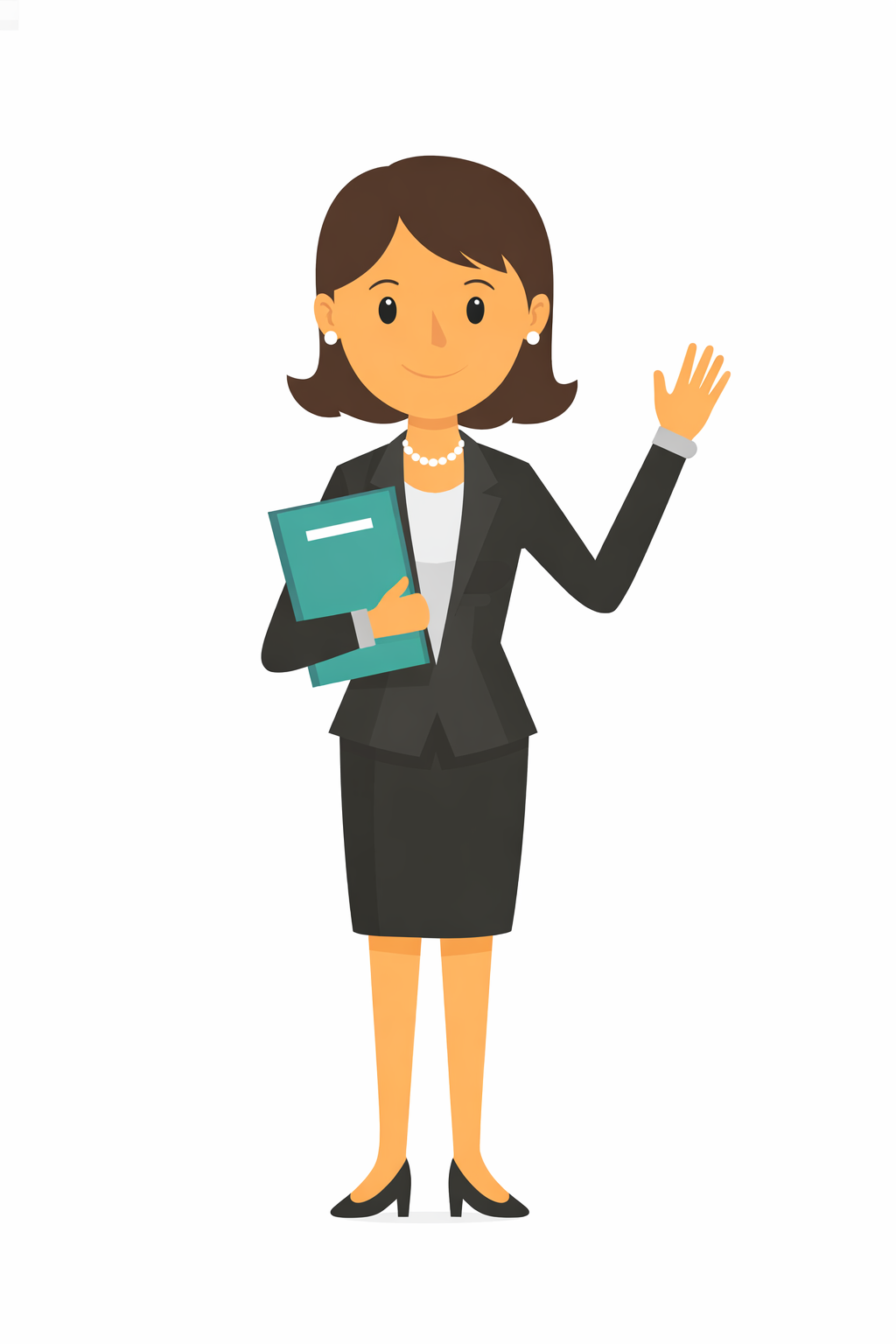 Professional woman greeting with folder Professional woman in black suit holding folder and waving